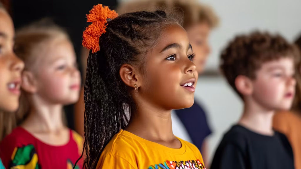 Children singing together at a joyful music camp