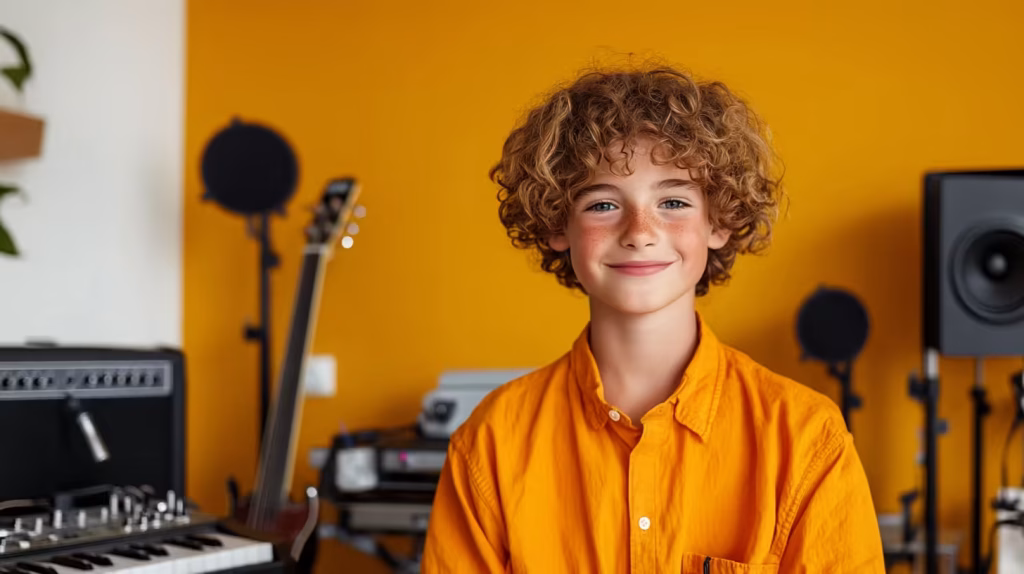 Happy boy at music camp with musical instruments