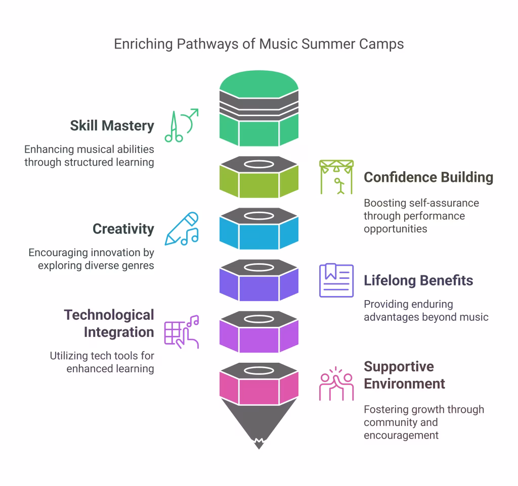 Infographic on the enriching pathways of music summer camps with skill mastery, creativity, and confidence building