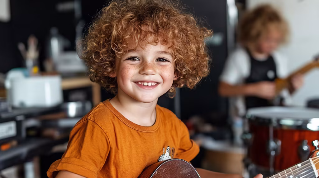 Smiling child enjoying beginner guitar lessons in music class