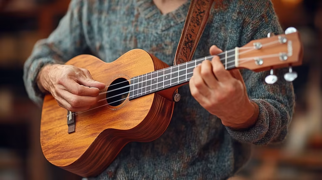 Person playing a ukulele with a focus on fingerpicking technique, perfect for an advanced ukulele lesson.