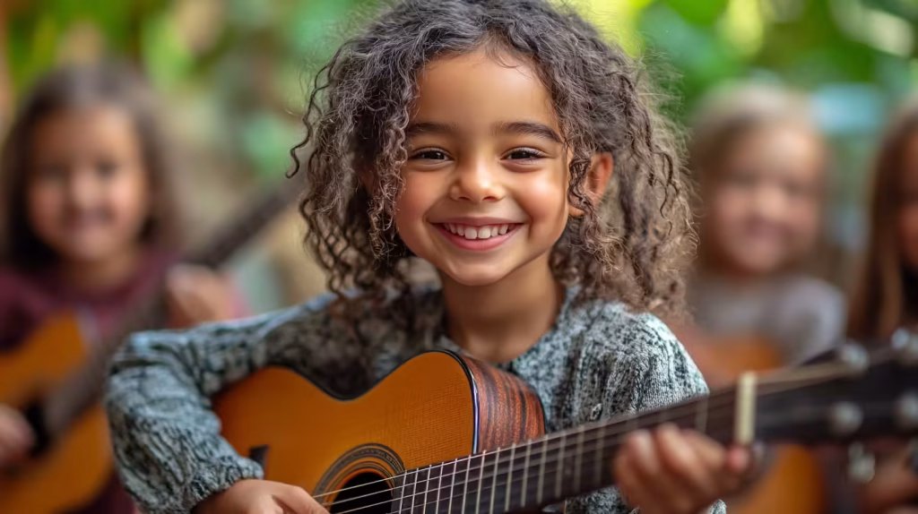 A group of young guitar learners collaborating and smiling while learning rhythm and chords at K and M Music Company.