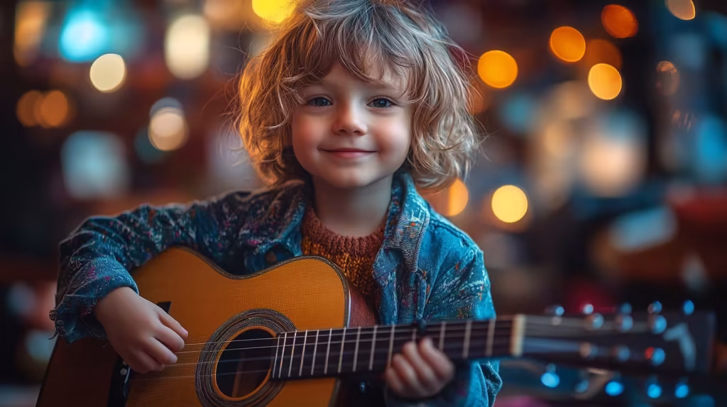 A child smiling while holding a guitar at K&M Music Company, showing their enthusiasm for music.







