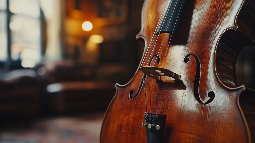 Close-up of cello body showing bridge, f-holes, and fine tuners in a warmly lit room.