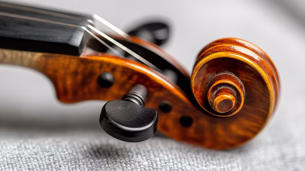 Close-up of violin scroll and tuning pegs showing fine craftsmanship
