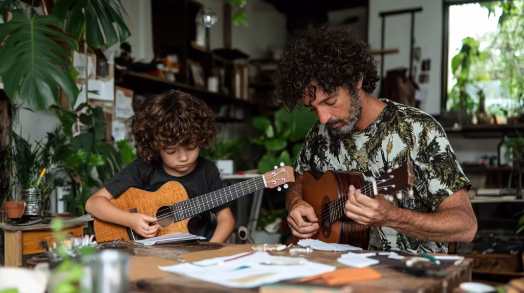 Father and child practicing guitar together at home, focused on music learning in a cozy environment
