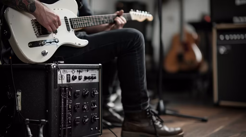 Proper seated playing posture with electric guitar and amp