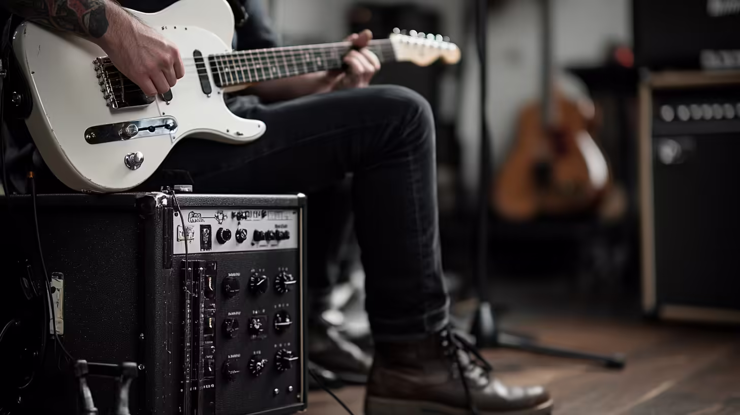 Student learning electric guitar with amp