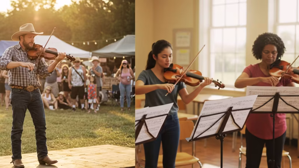 Split image showing different musical styles: A man plays the fiddle at an outdoor event, contrasting with two women practicing violins from sheet music indoors.