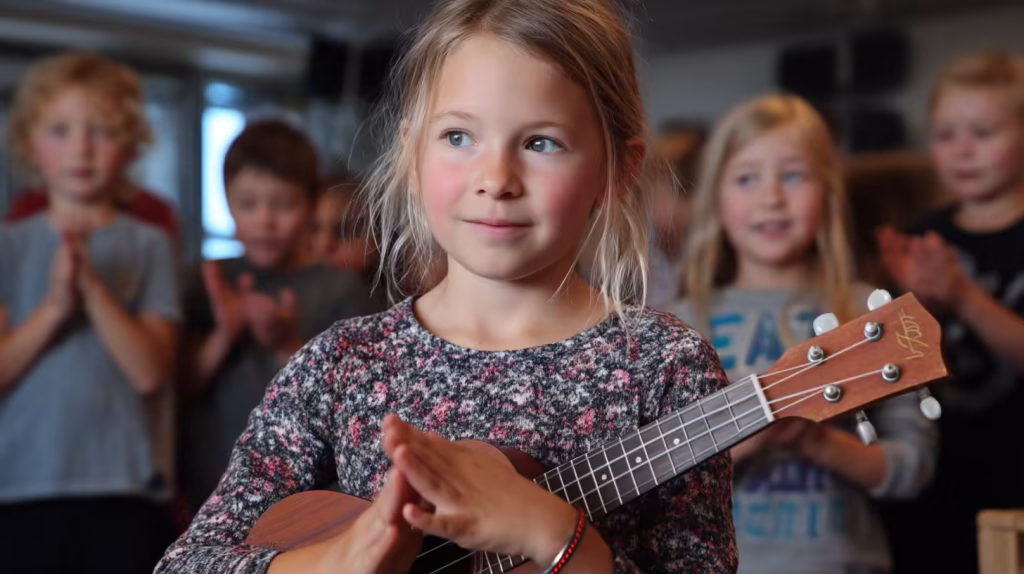 A proud young student after a performance in her ukulele lesson, a great way for kids ages 6-10 to build confidence.