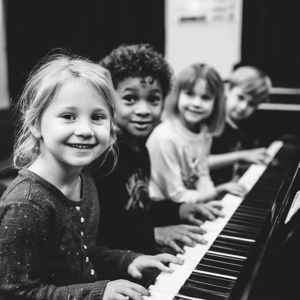 A smiling young girl enjoys the social atmosphere of a group piano lesson with her peers.