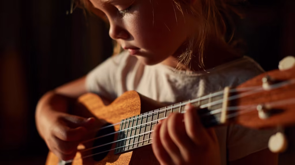 A young girl concentrates on playing a chord during her ukulele lesson, developing focus and rhythm