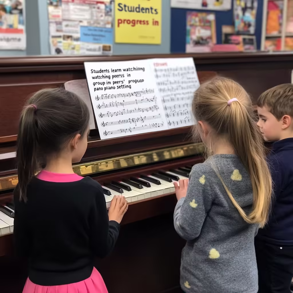 Three students read sheet music together, demonstrating the peer learning aspect of group piano lessons.