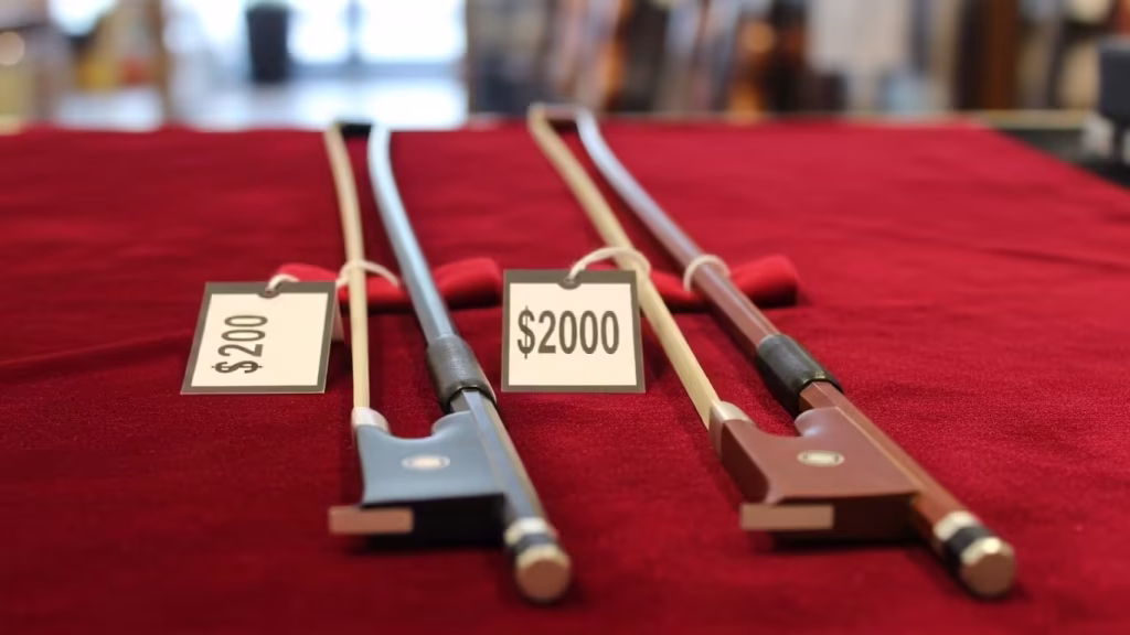 Two violin bows on red cloth with price tags showing 200 dollars and 2000 dollars