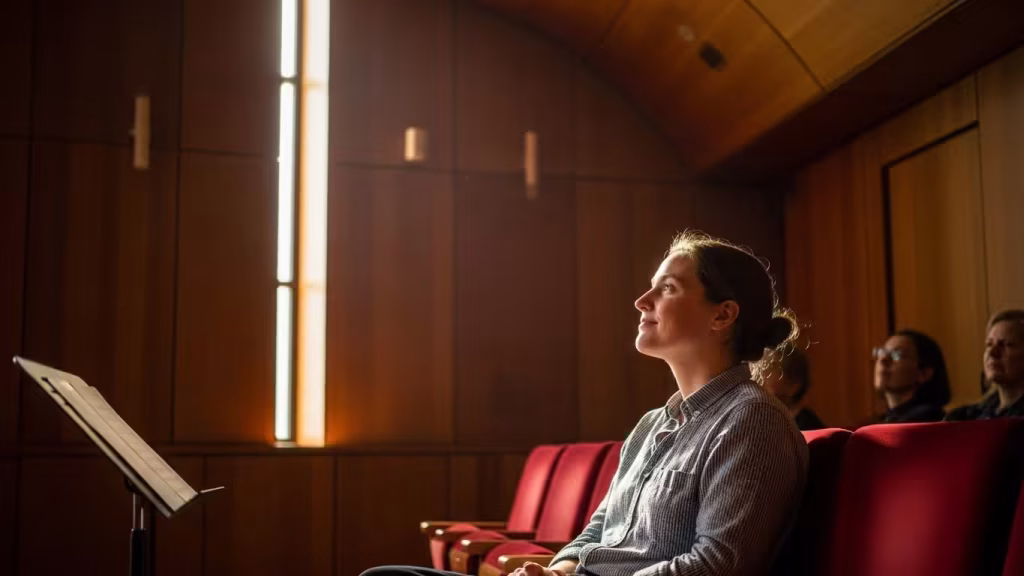 Listener seated in an intimate recital hall, showing focused acoustic environment.