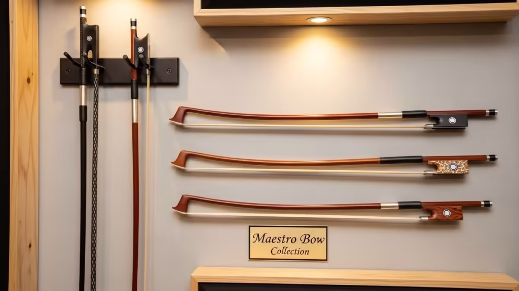 Showcase of premium violin bows labeled Maestro Bow Collection