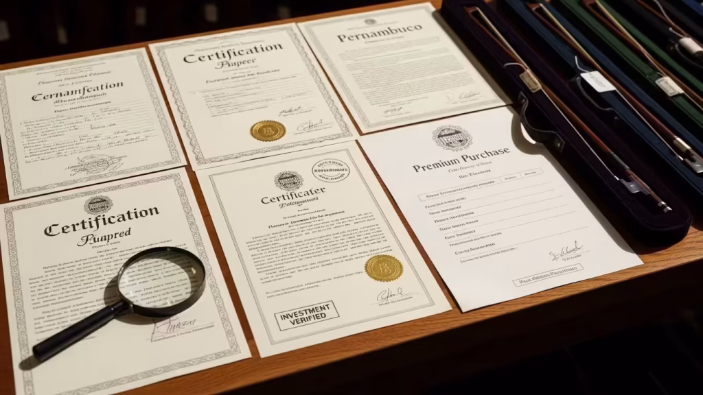 Certificates and documents laid out next to premium violin bows on a table