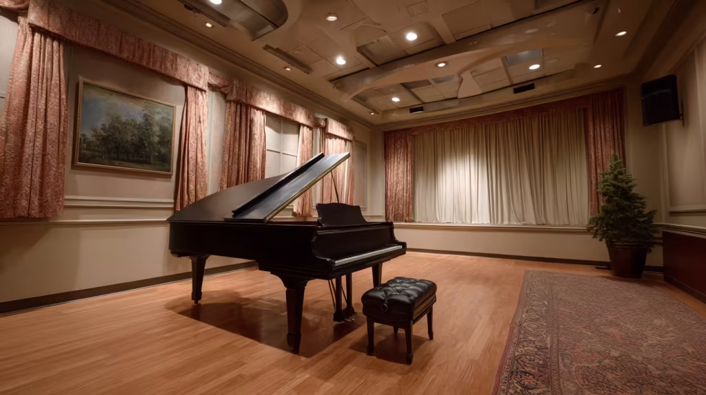 Intimate piano recital room with curtains and wood floor for warm acoustics.