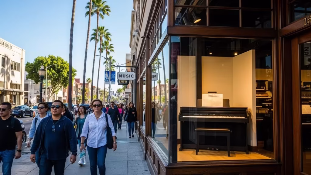 People walking past a San Diego music store with a digital piano in the window