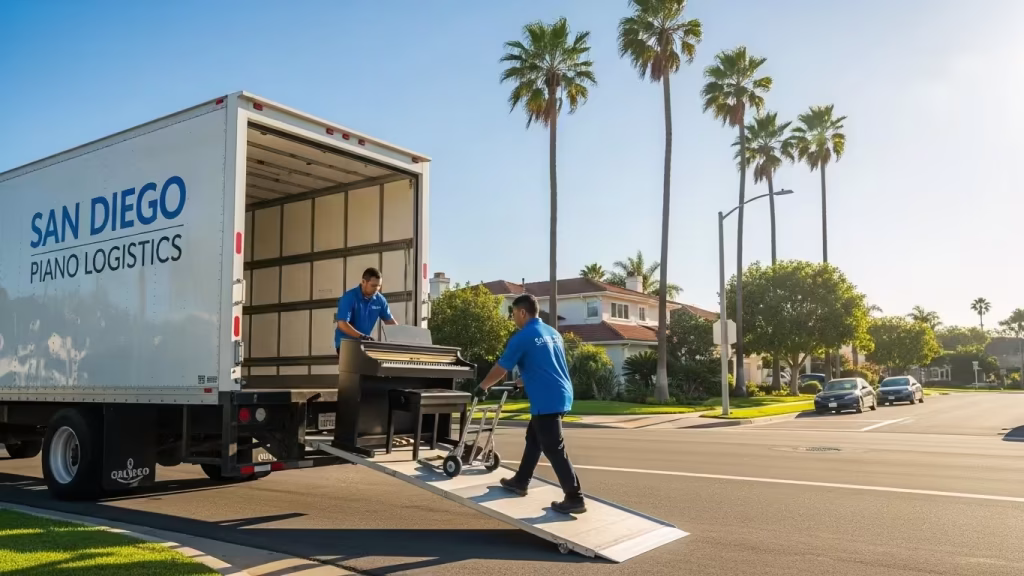 Piano movers delivering a digital piano from a truck in a San Diego neighborhood.