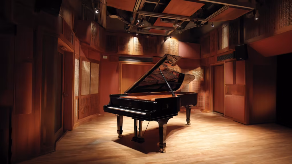 Small performance room with grand piano and wood acoustic panels.