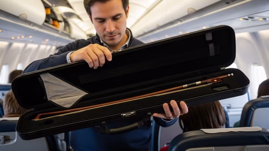 Musician holding an open violin bow case on an airplane