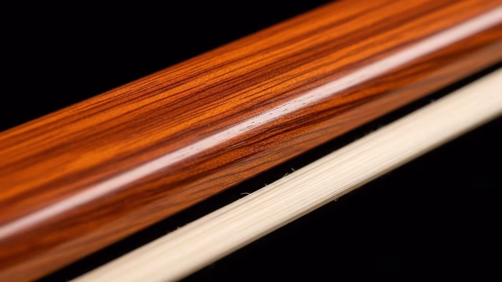 Close up of violin bow stick and horsehair showing wood grain detail