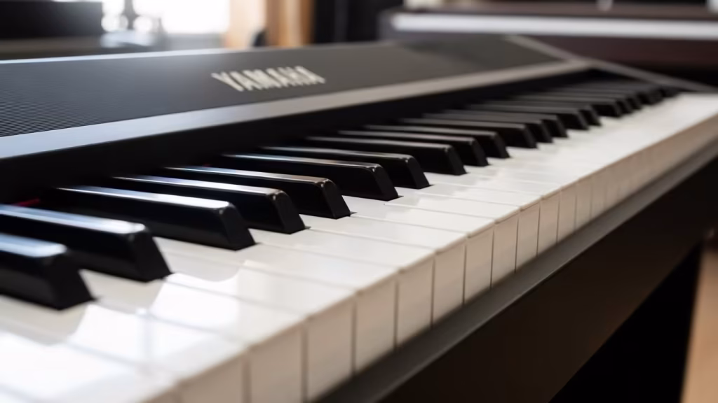 Close-up of Kawai digital piano keys and hammer action with a hand playing