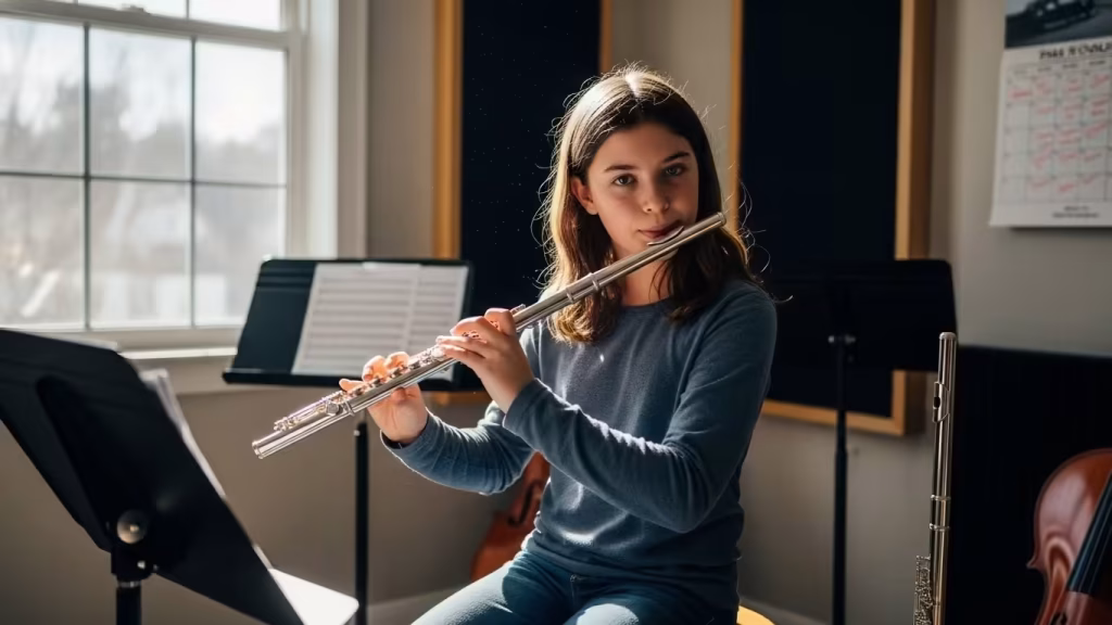 Flute section students playing in a school band rehearsal
