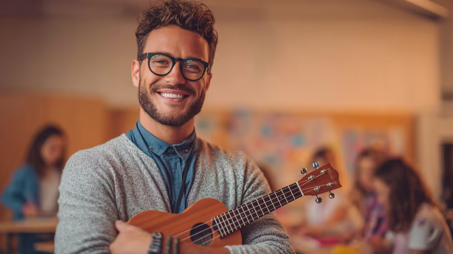 Professional ukulele teacher guiding a student