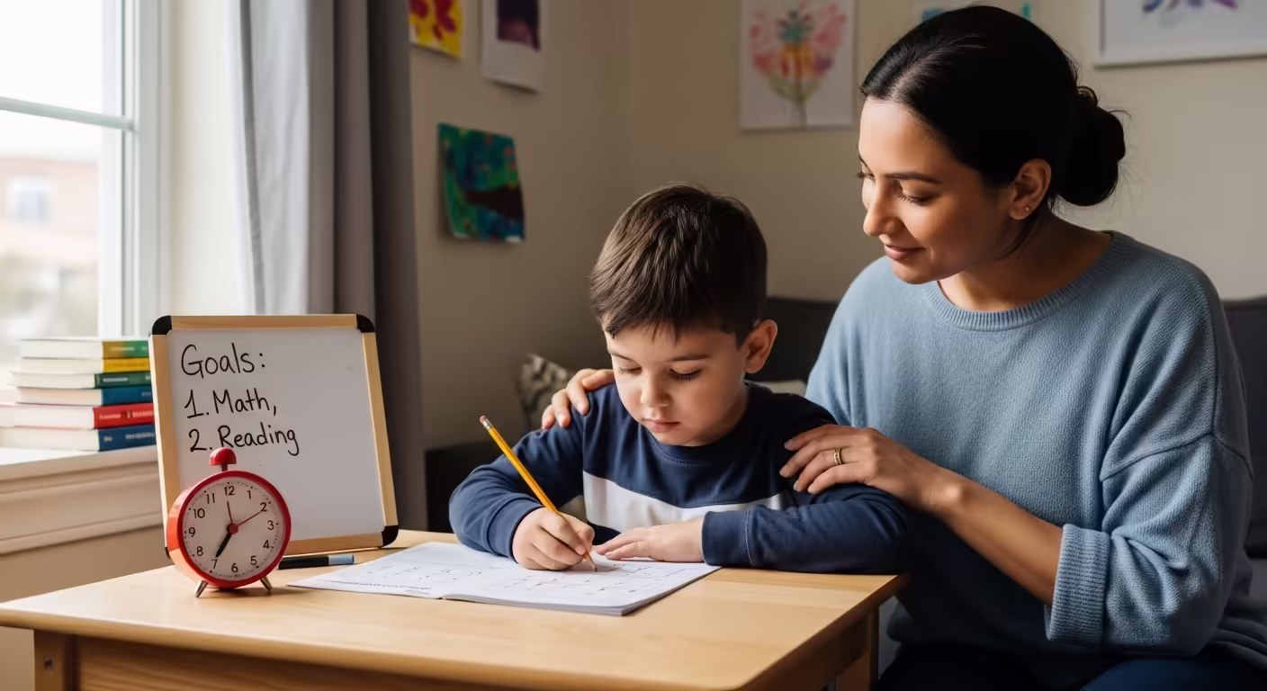 Parent supporting child during piano practice