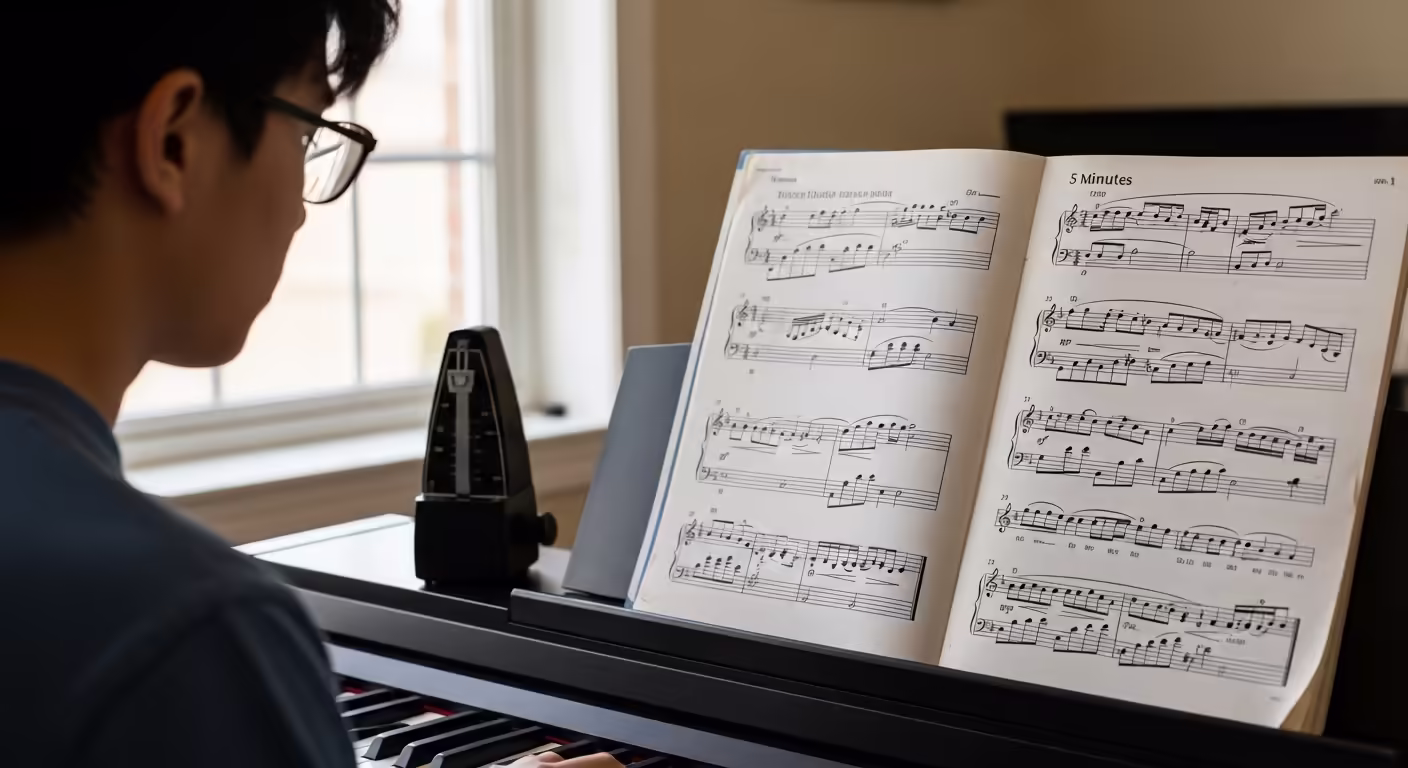 Close up of sheet music emphasizing focused short practice sessions