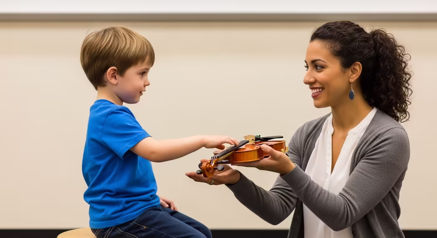 Beginner violin student learning proper bow hold and posture