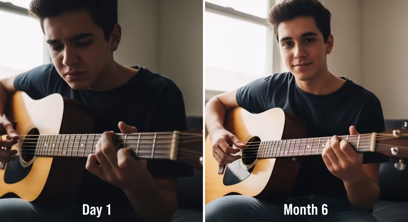 Guitar student progress comparison from day one to one month of lessons
