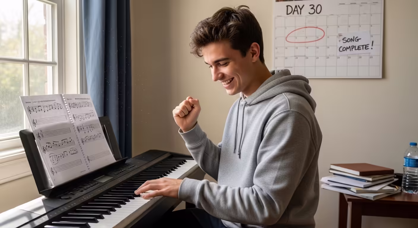 Beginner piano student showing 30-day learning progress