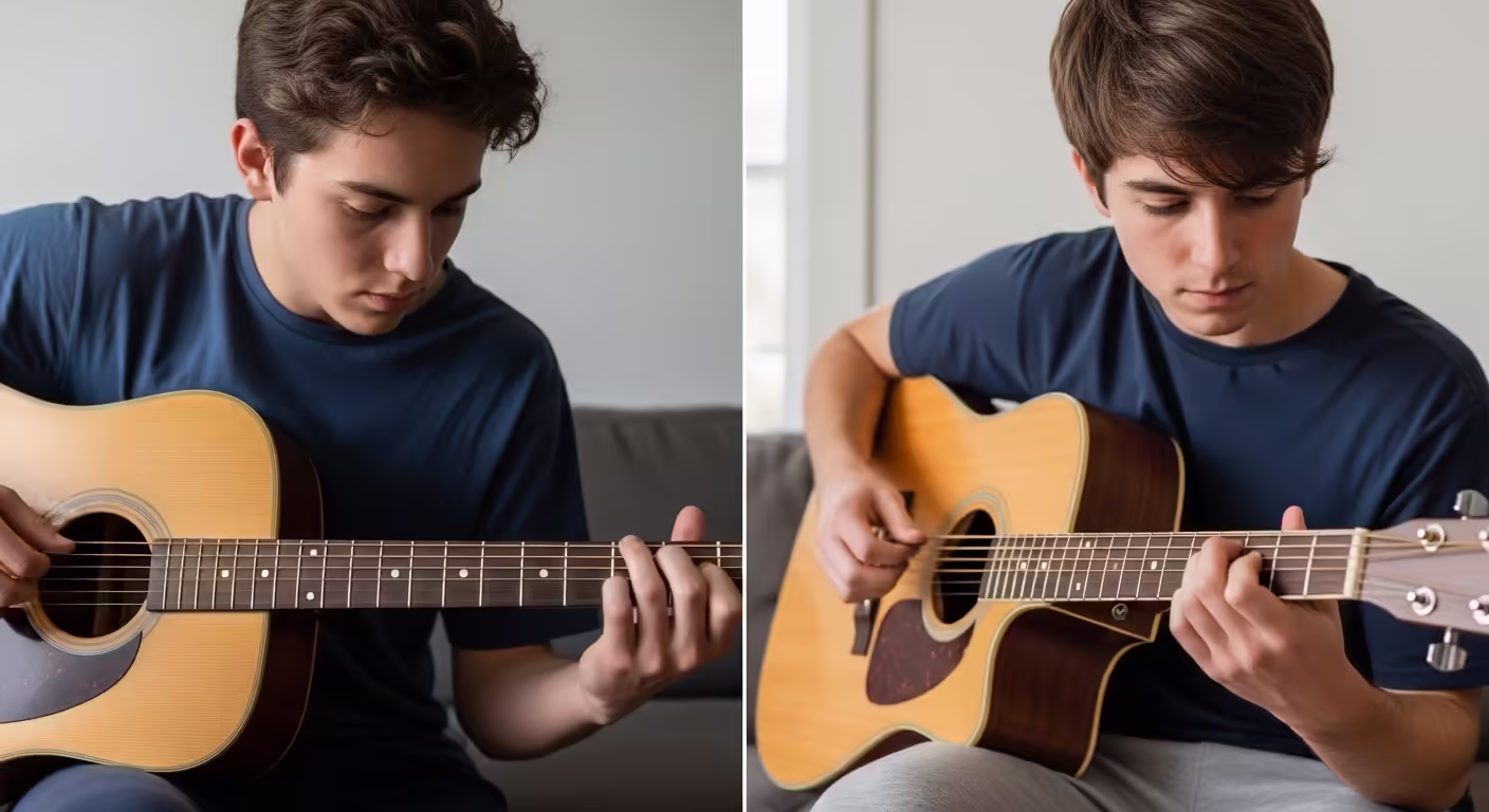 Side by side comparison of a self taught guitarist and a student taking guitar lessons