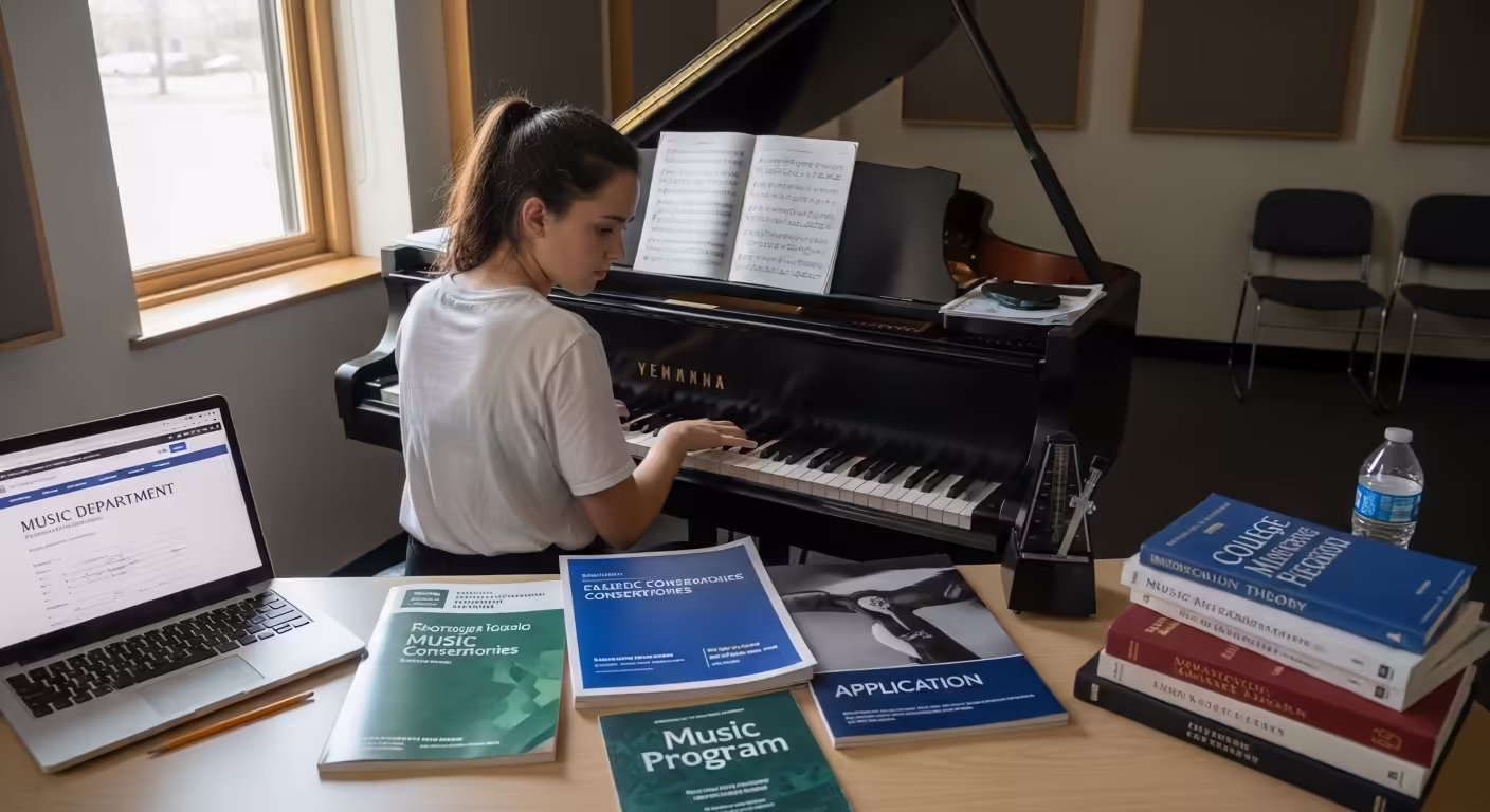 Student studying with classical piano music playing in the background