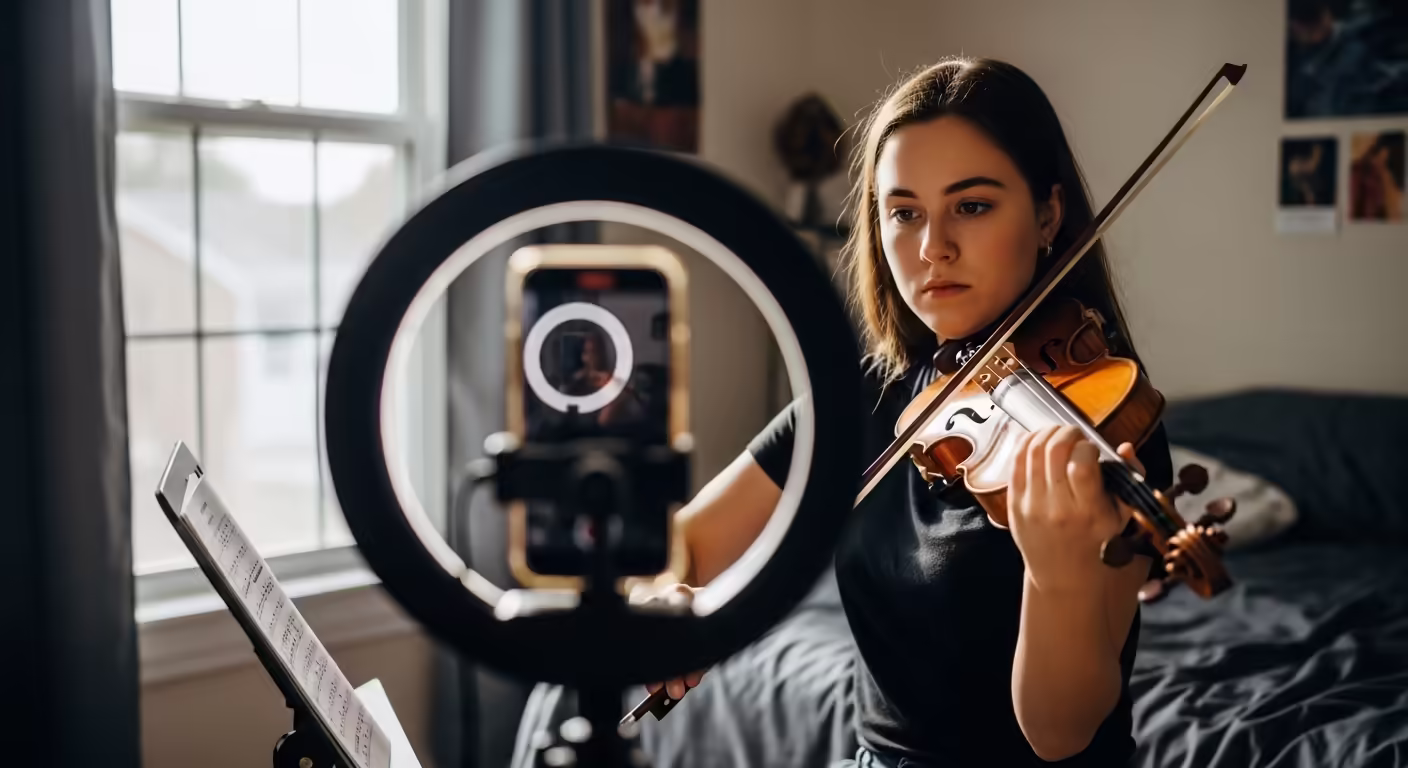 Young classical violinist recording a performance video using a ring light for social media