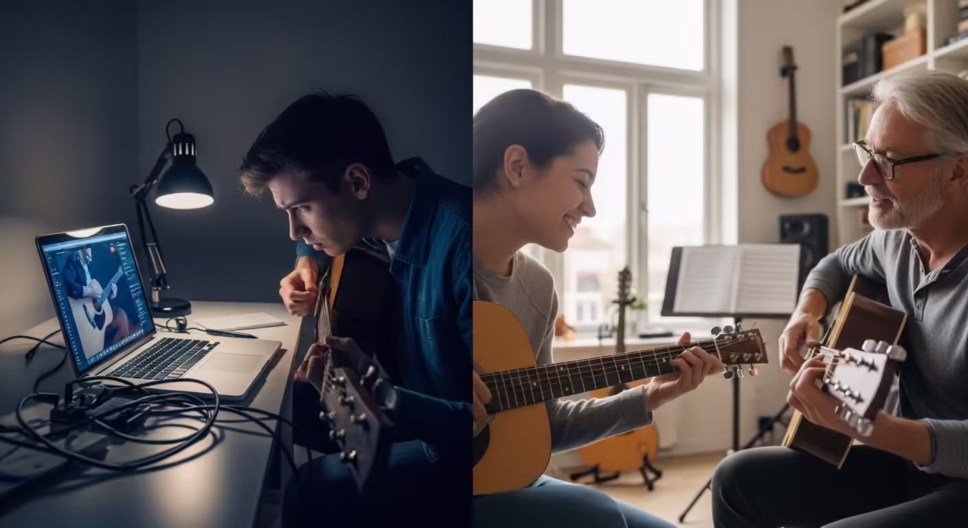 Teenager learning guitar by watching an online video tutorial at home