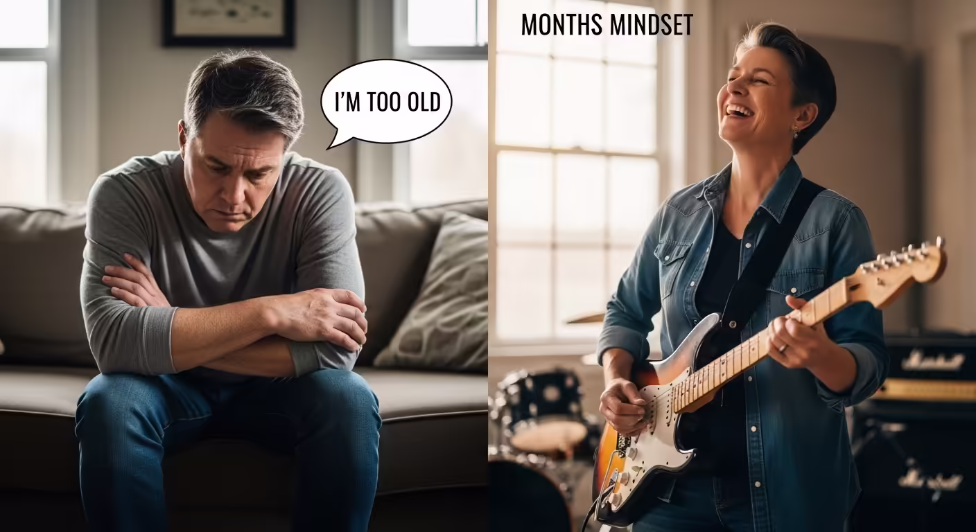 Adult guitar student making progress with focused mindset during practice