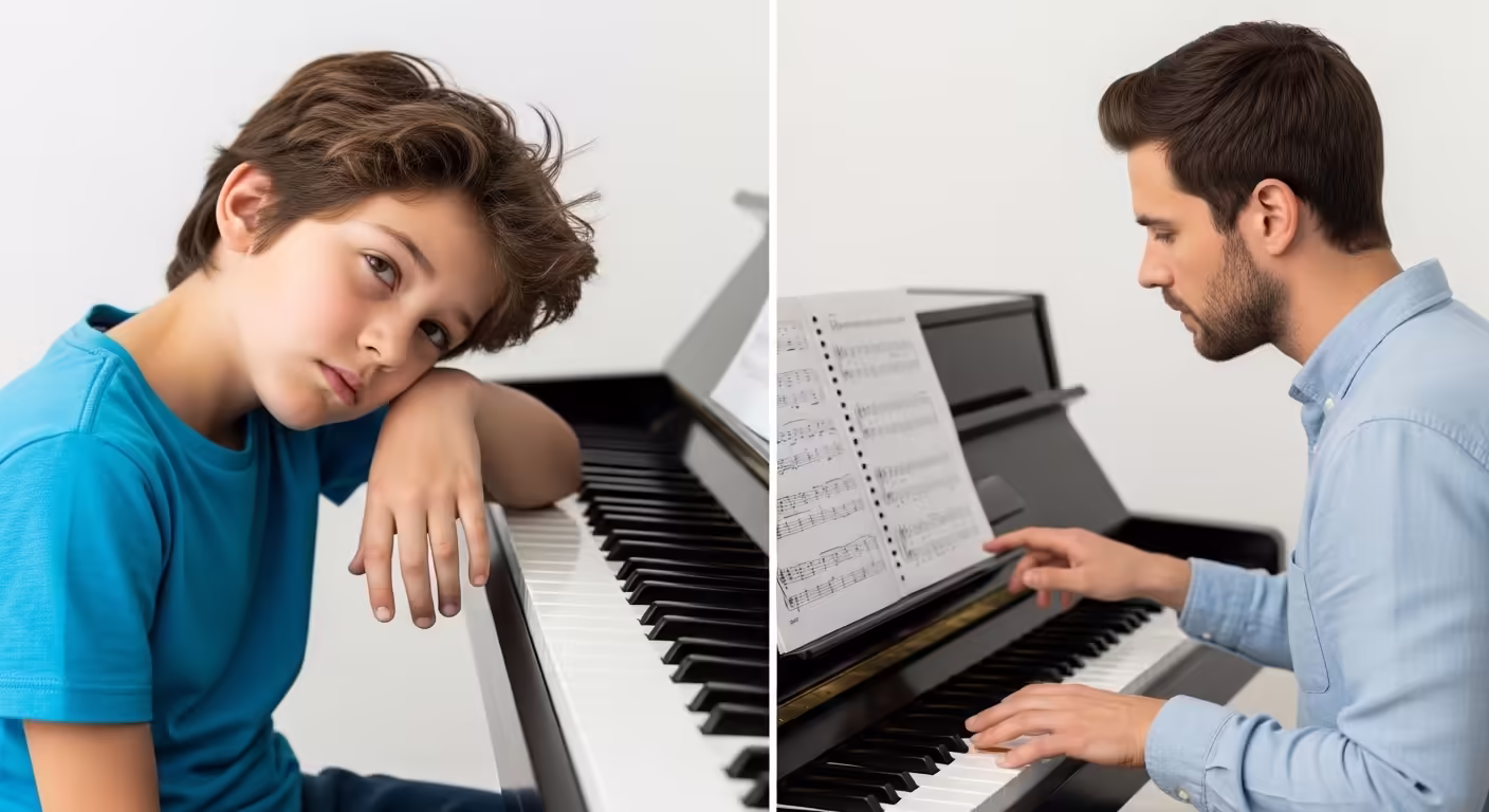 Beginner versus advanced piano progress comparison showing growth over time