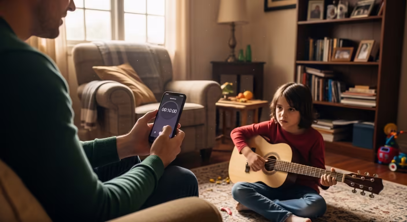 Parent timing a child's focused 10-minute guitar practice session