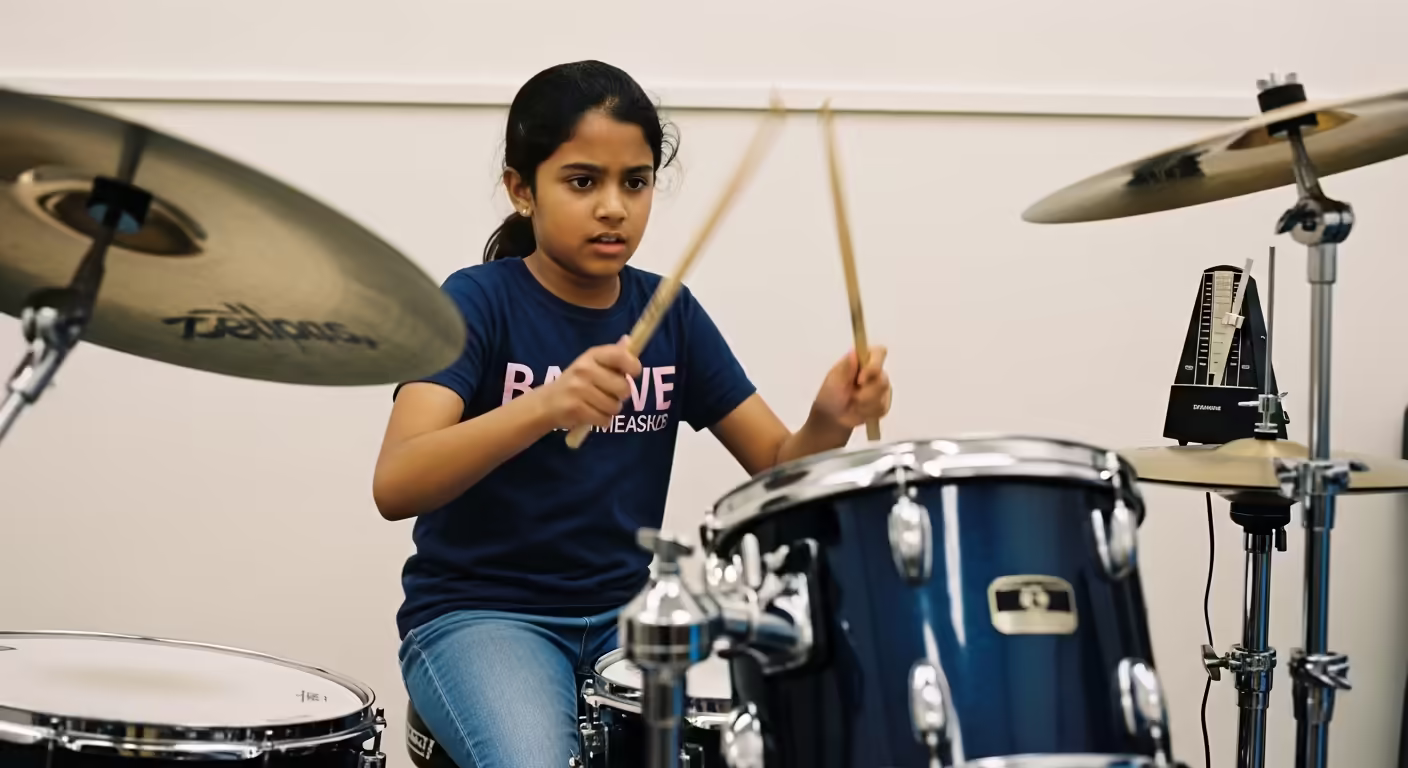 Child in drum lessons developing coordination and rhythm brain training