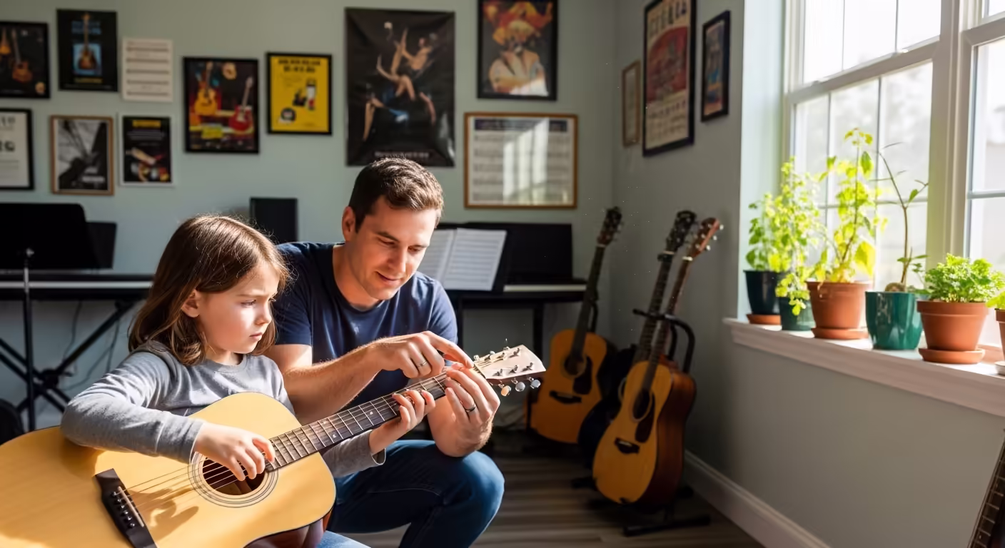 Parent helping a child with beginner guitar lessons at home