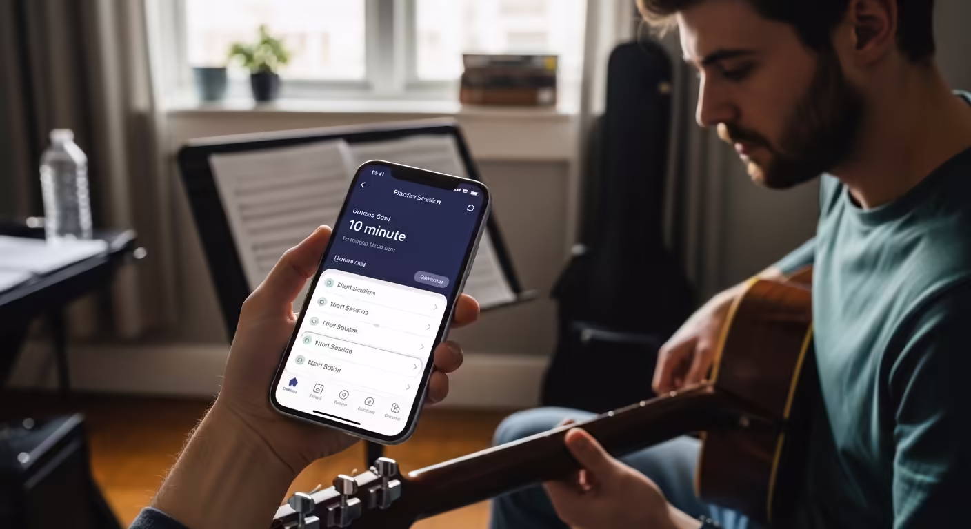 Guitar player using a practice app for a focused 10-minute session
