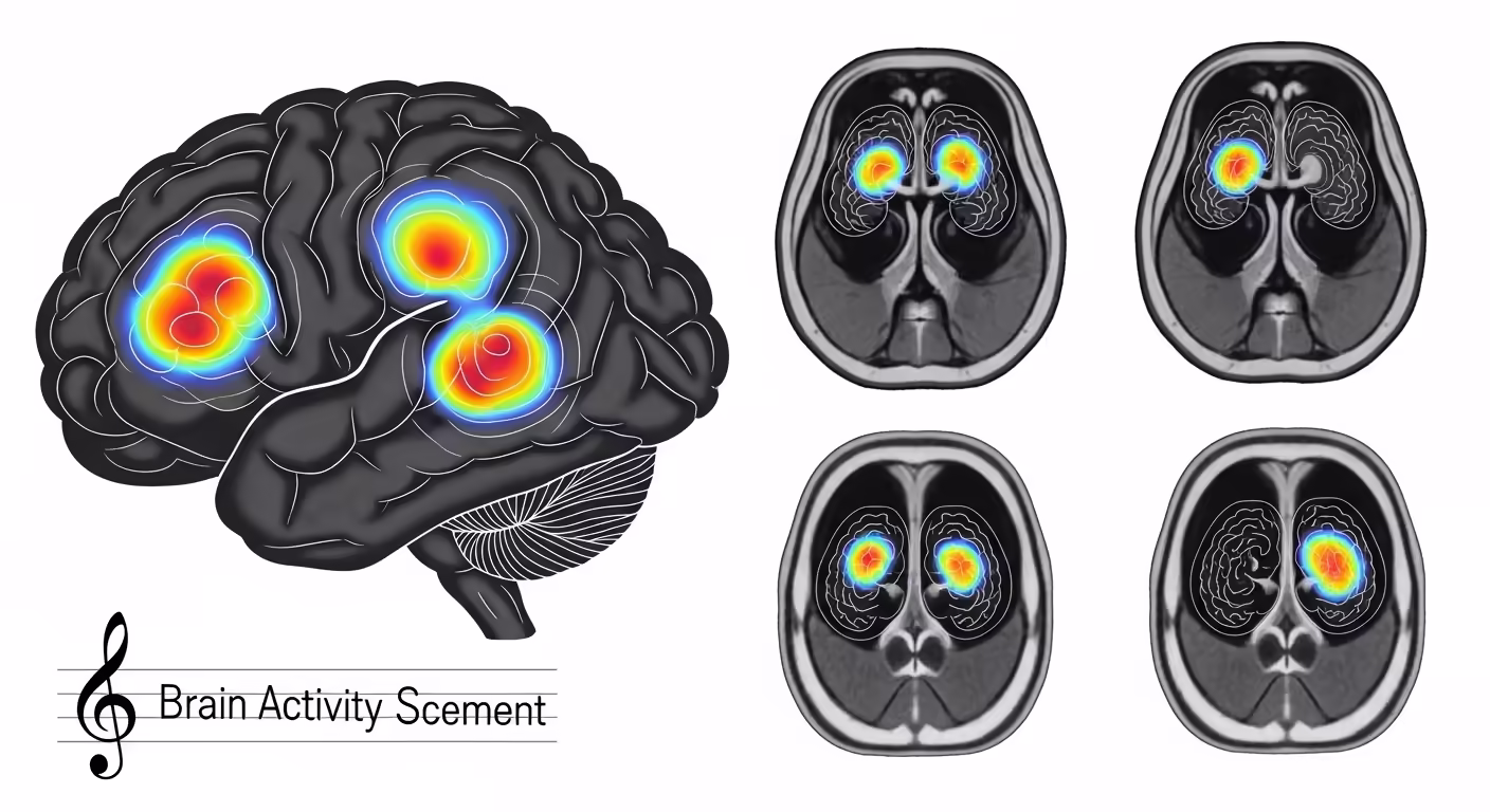 Brain activity visualization showing multiple regions activated during music learning