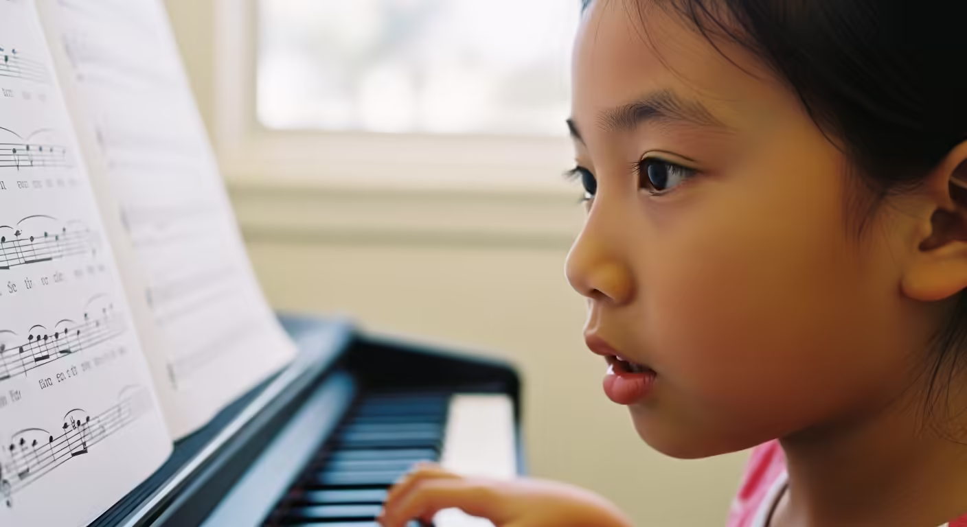 Child reading music during piano lesson developing brain connections