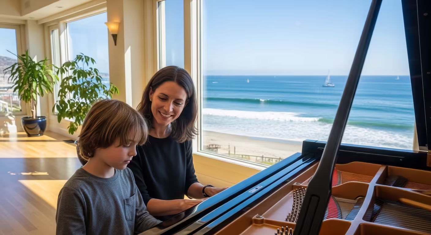 Adult piano lesson with teacher and student in San Diego