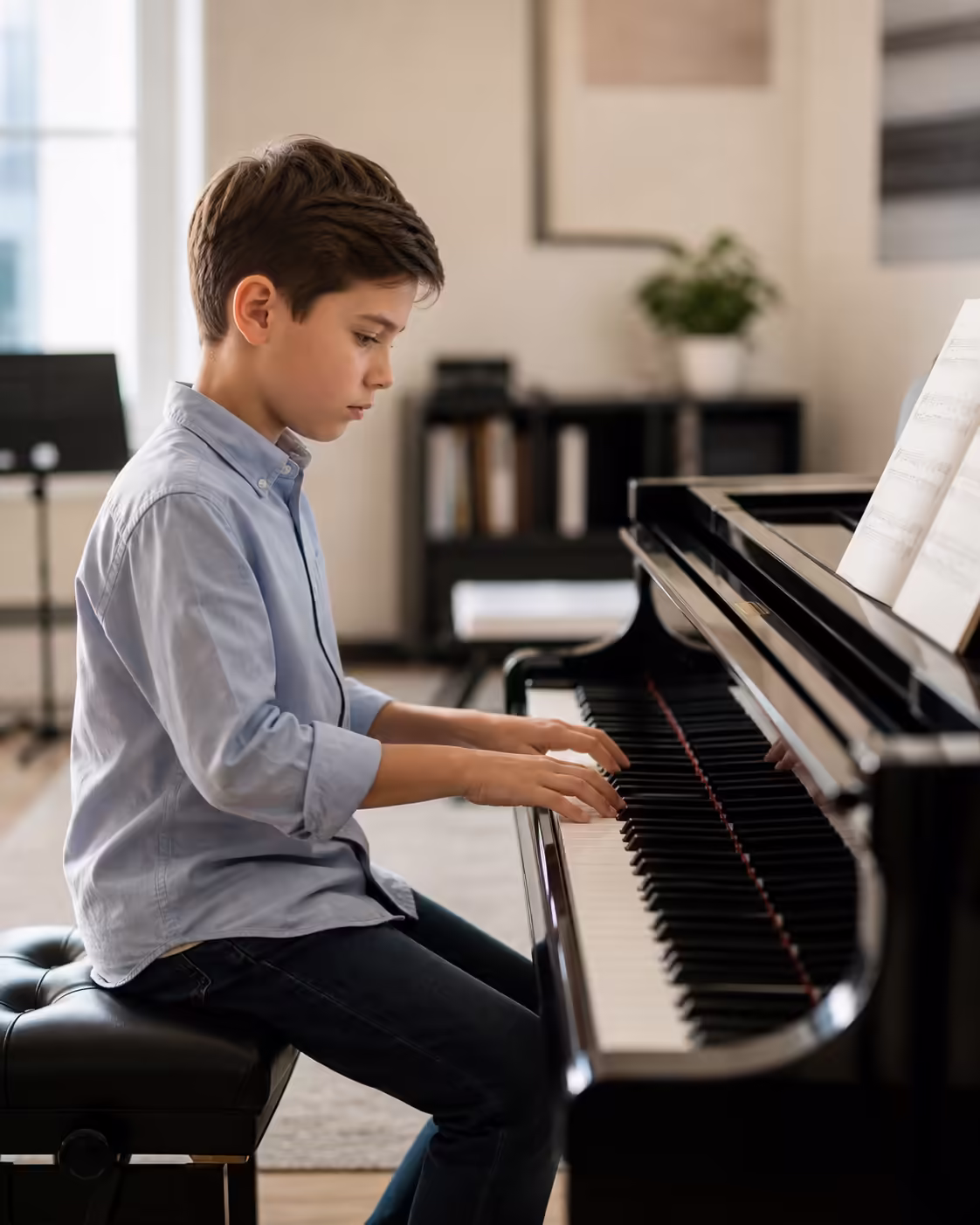 Young piano student showing steady progress through consistent lessons