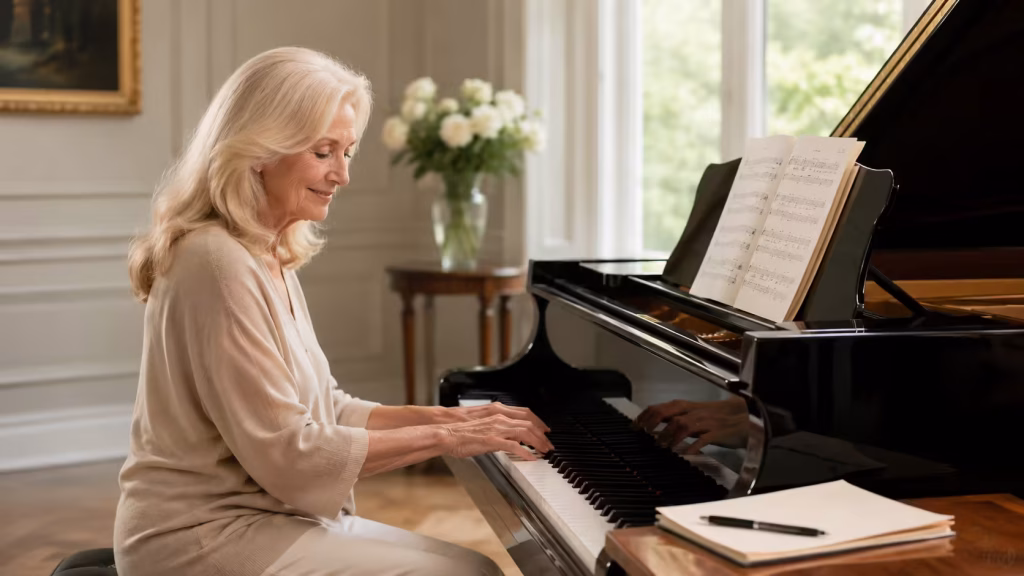 Senior woman playing piano with sheet music during a relaxing music practice session.